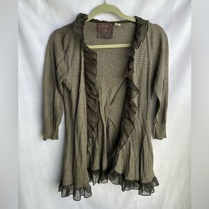 Anthropologie Striped Ruffle Cardigan - Olive Green and Cream